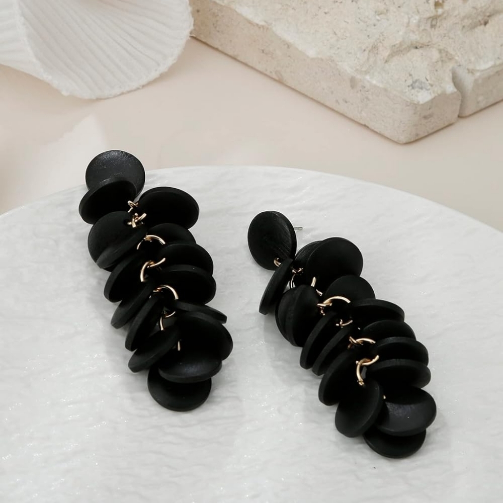 Sun Star Black Layered Wooden Circle Bohemian Drop Earrings - Picture 4 of 4